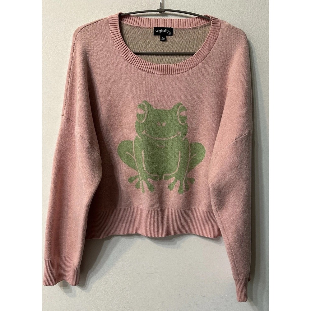 Originality Women's Large Pink Frog Knit Sweater Cropped Crewneck Cottagecore